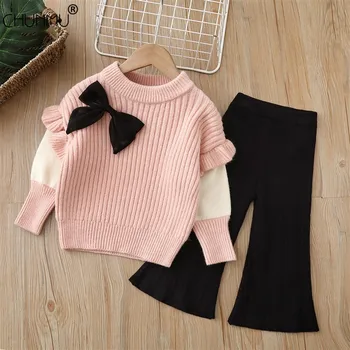 Baby Girls Winter Clothes Set Warm Outfits Kids Girls Flower Knit Sweater and Pants Autumn Girl Clothing Set Children Costume 1