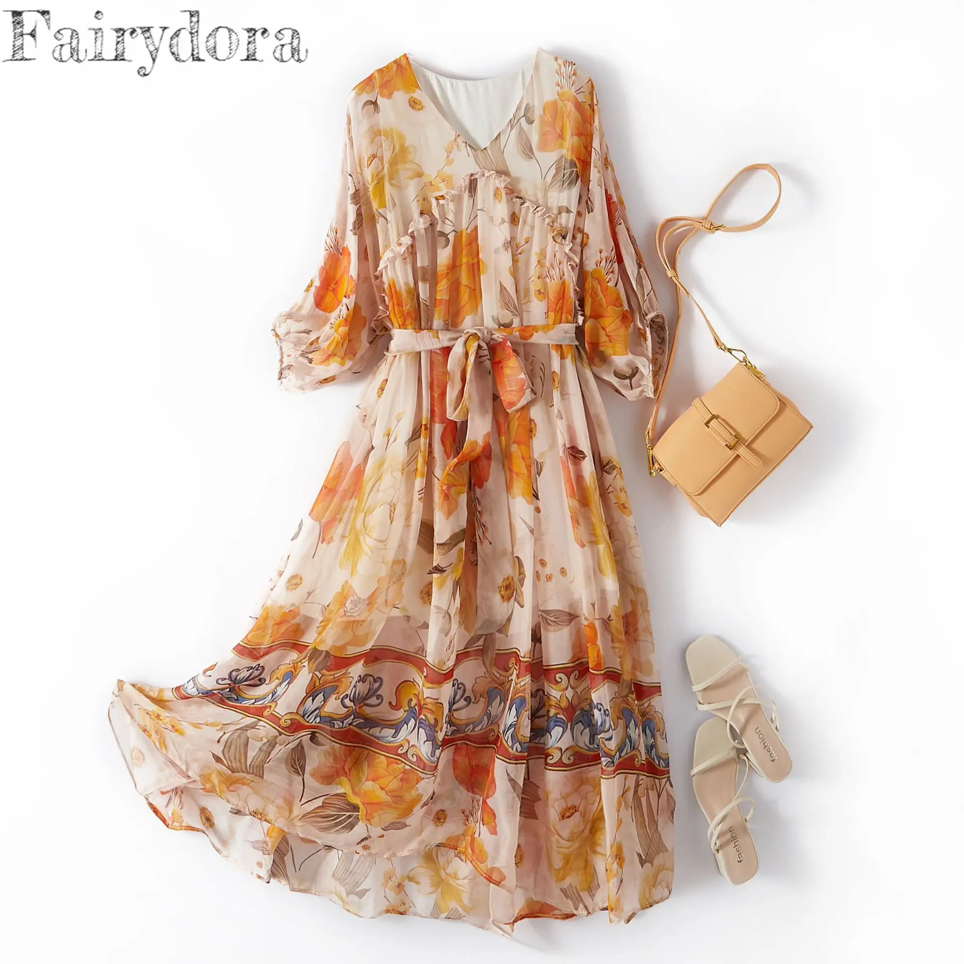 

Платье-миди женское шелковое с цветочным принтом, V-образным вырезом и оборками на рукавах