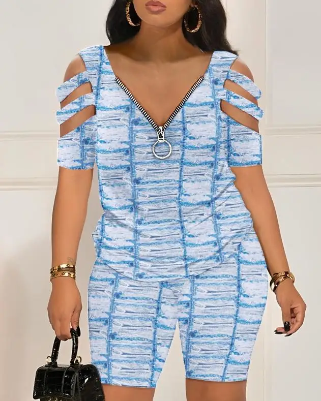 

Casual two piece set for women Zipper Short Sleeve Printed Cold Shoulder Rhinestone Top and Short Sets Women's summer suit