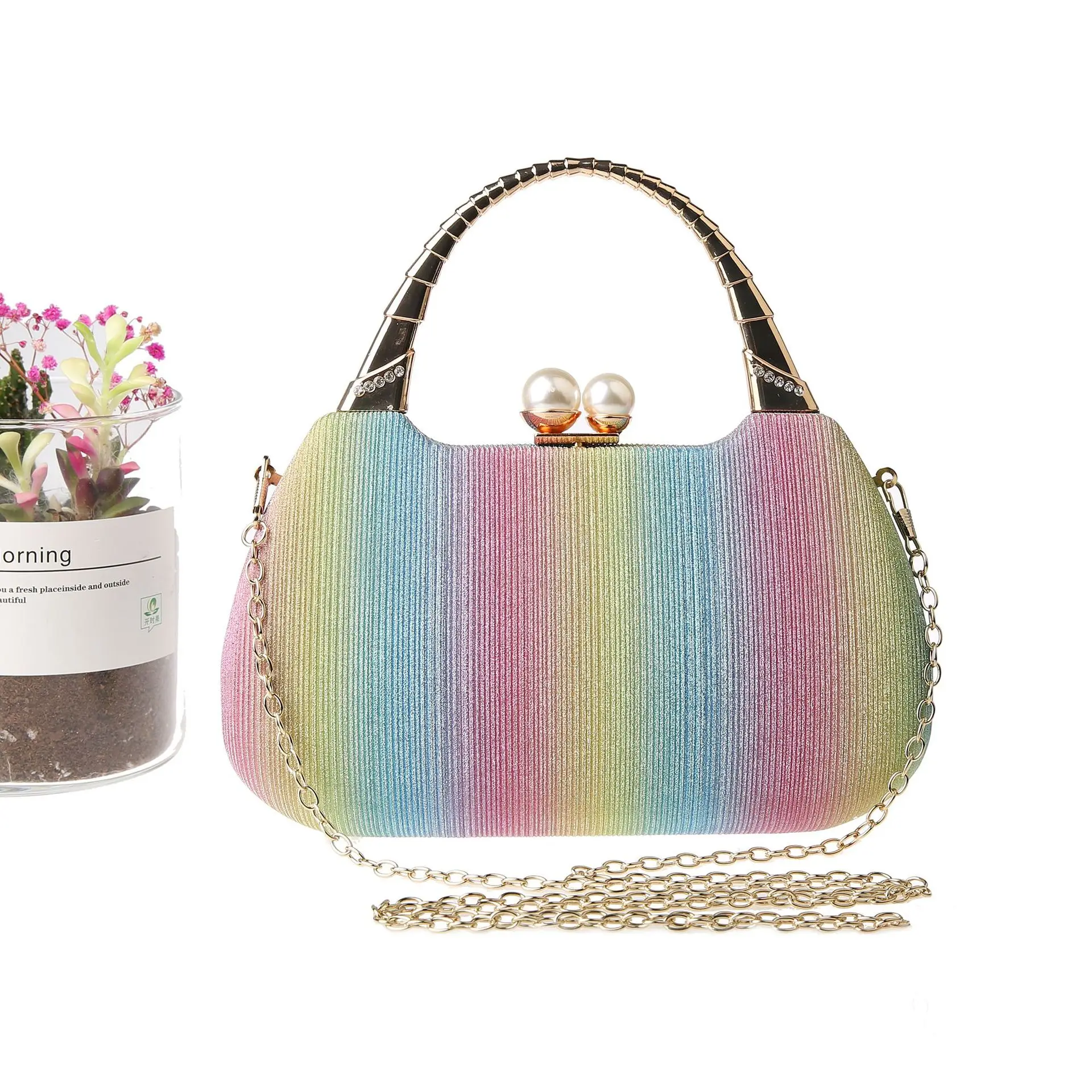 Classic Fashion Women Evening Bag Metal Handle Clutches Solid Color Handmade Party Clutch Handbags Ladies Chain Shoulder Bag