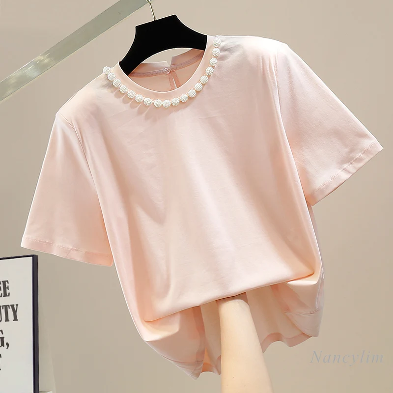 

2022 Summer Cotton T-Shirt Women New Fashion Padded Shoulder Design Beaded Round Neck Pullover Short Sleeve Tshirt Loose Tops