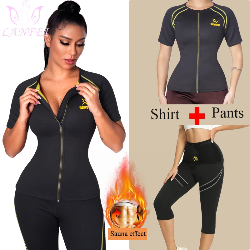 

LANFEI Women Waist Trainer Sauna Pants Neoprene Sauna Shirt for Weight Loss Shapewear Set Fat Burning Sweat Thermal Suits