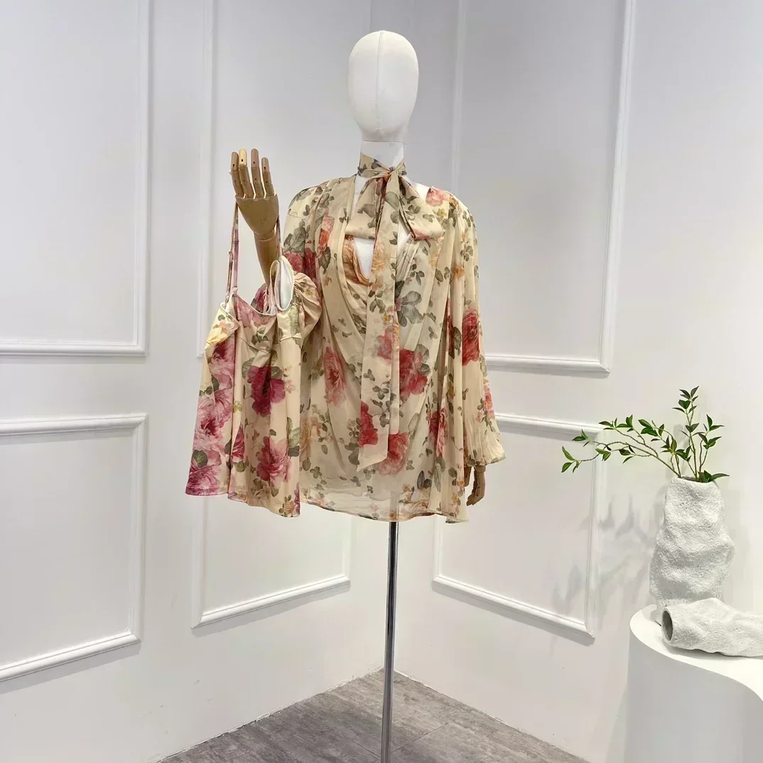 

Self-tie Bows Neckline High Quality 2023 New Arrivals Elegant Vintage Floral Print Long Lantern Sleeve Blouse for Women