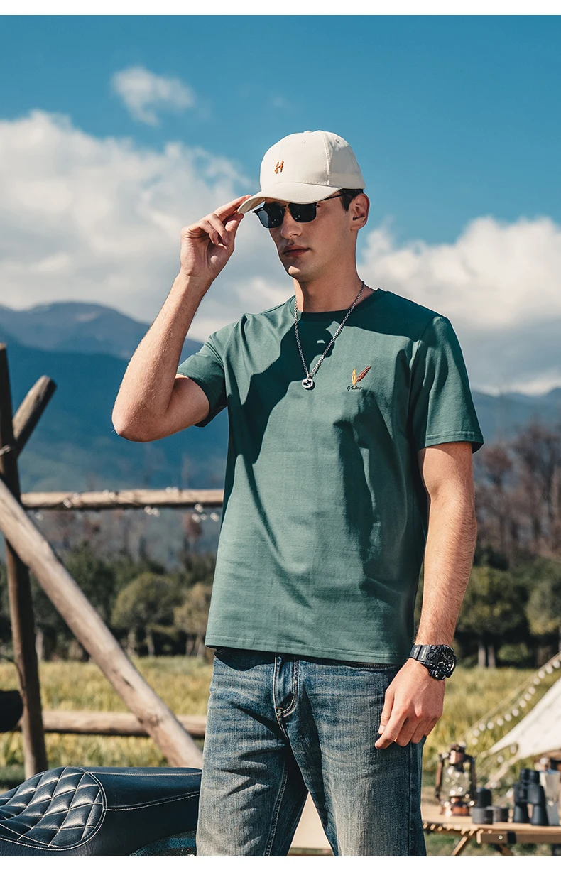 

Прочная длинная Штапельная хлопковая Футболка Y0584 230 г с коротким рукавом для мужчин, летняя Простая рубашка с вышивкой и круглым вырезом