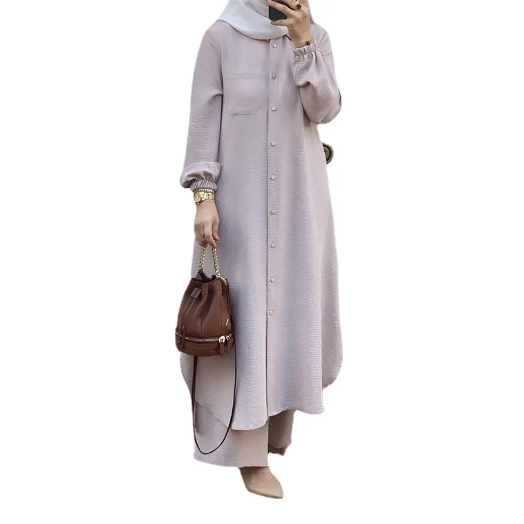 Eid Mubarak Abaya Turkey Hijab Two-piece Muslim Sets Dress Caftan Kaftans Islam Clothing 2 Piece Set Women Loose Wide Leg Pants