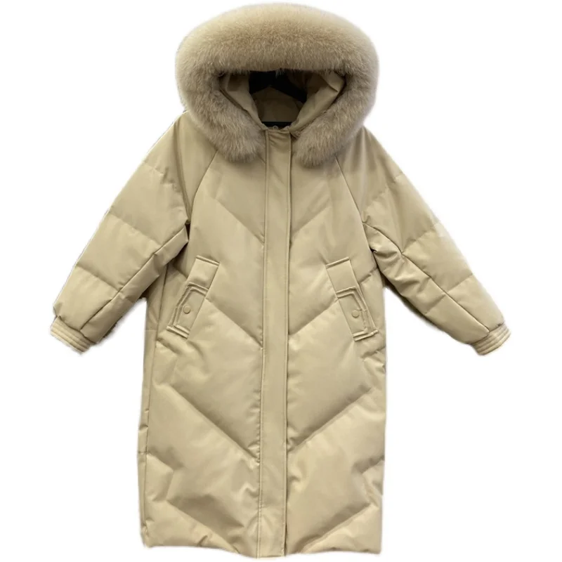 New Women Fox Fur Collar Down Jacket Casual Style Autumn Winter Long Coats And Parkas Female Outwear