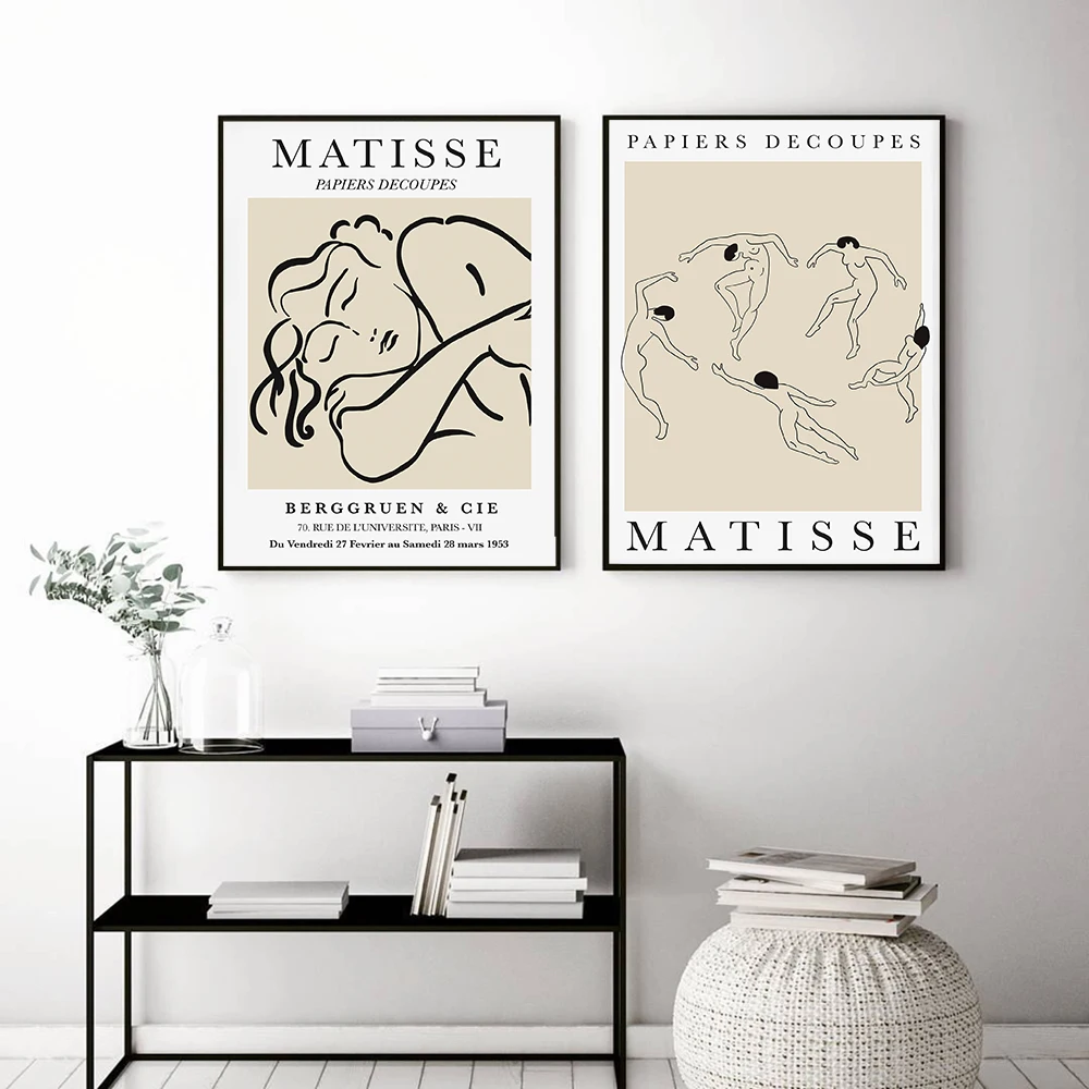 Настенная картина Matisse с абстрактными линиями бежевые цветы женское лицо