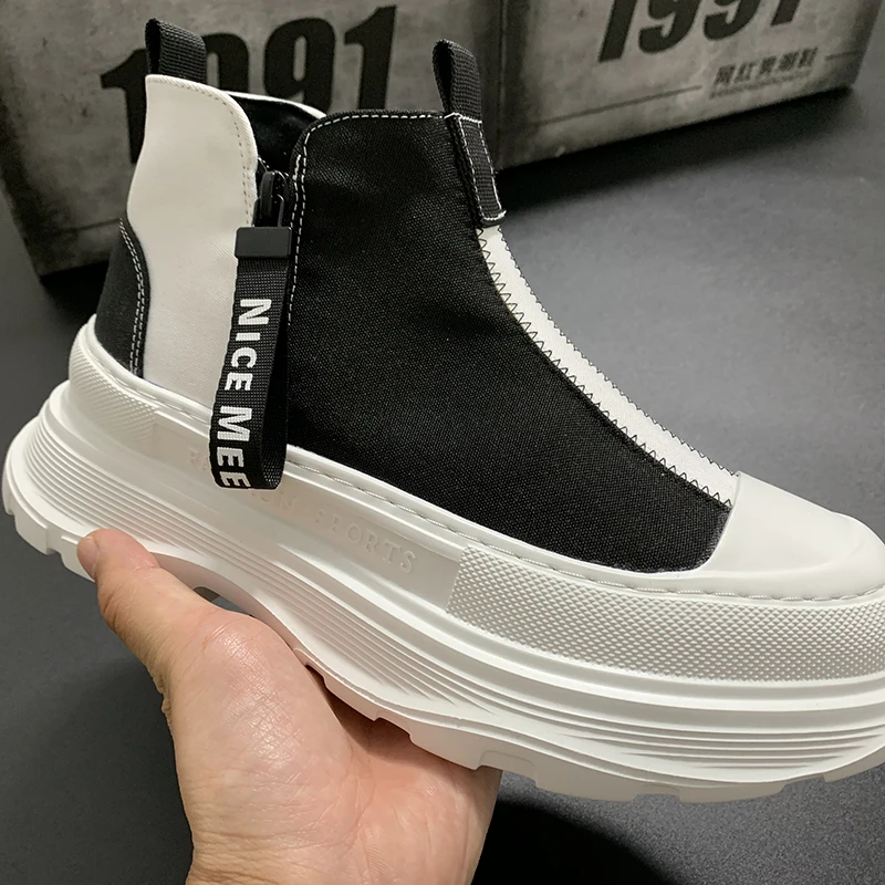 

New High Tops for Men Luxury Gold black White Zip Text Thick Bottom Shoes Causal Flats Moccasins Boyfriend Walking Boots