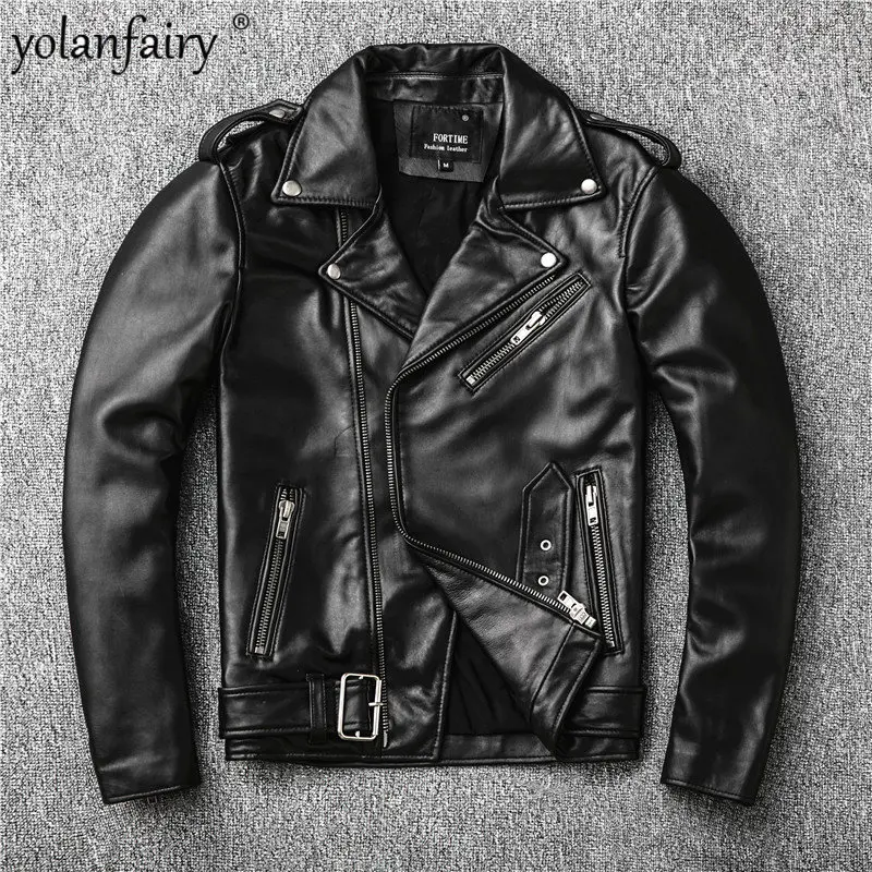 

2023 Spring New Top Layer Sheepskin Genuine Leather Coat Men's Motorcycle Belt Lapel Leather Jacket Men Slim Fashion Coat Male F