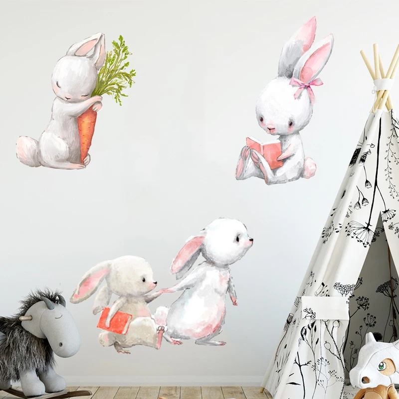 

Милый кролик, цветок, настенные наклейки для детей, девочек, для детской комнаты, спальни, детской комнаты, Декор, Мультяшные животные, обои, ...