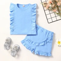 summer girls outfits kids clothes 2 pcs sets simple solid ruffles sleeveless topsshort pants new cotton girls clothing set 1 6y