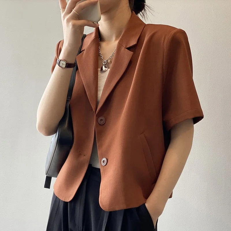 Short Sleeve Blazers Women Summer Thin Korean Style Fashion Leisure Cropped Solid All-match Office Female Loose Elegant Chic New