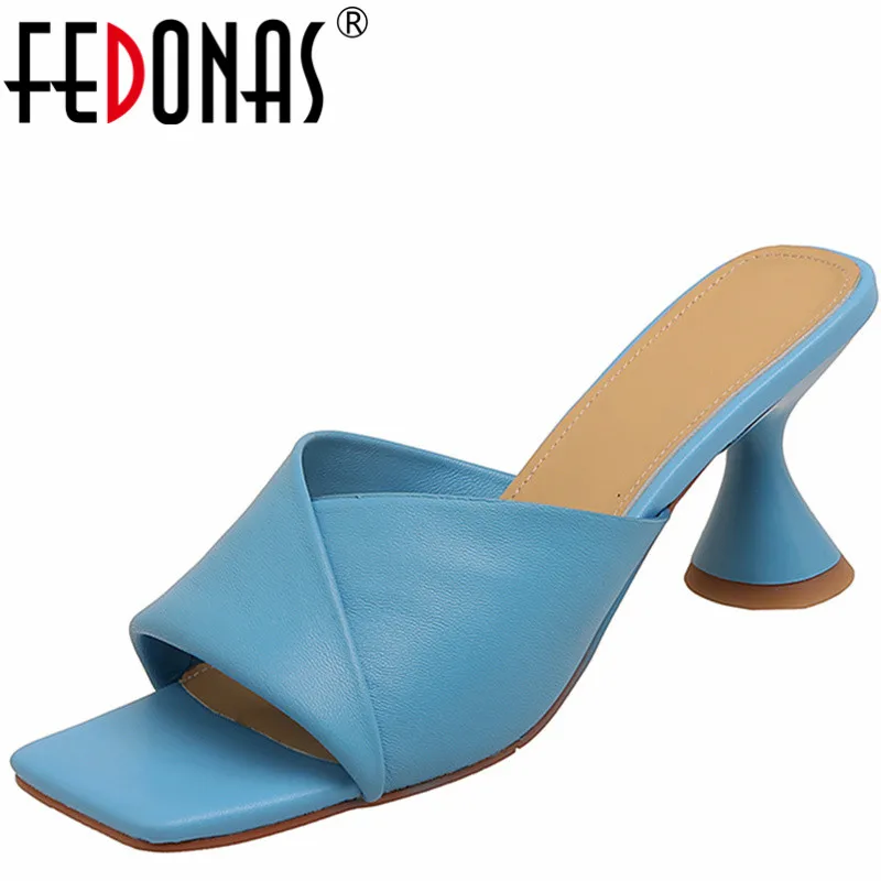 FEDONAS Summer Genuine Leather Mature Chunk Women Slippers High Heels Sandals Elegant Peep Toe Party Office Shoes Woman Pumps