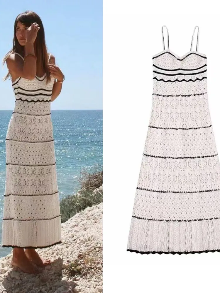 

2023 Summer New Dress Women's Beach Style Knitted Slim Fit Slim Strap Long Dresses Color Knitted Hollow Elegant Tight Vestidos