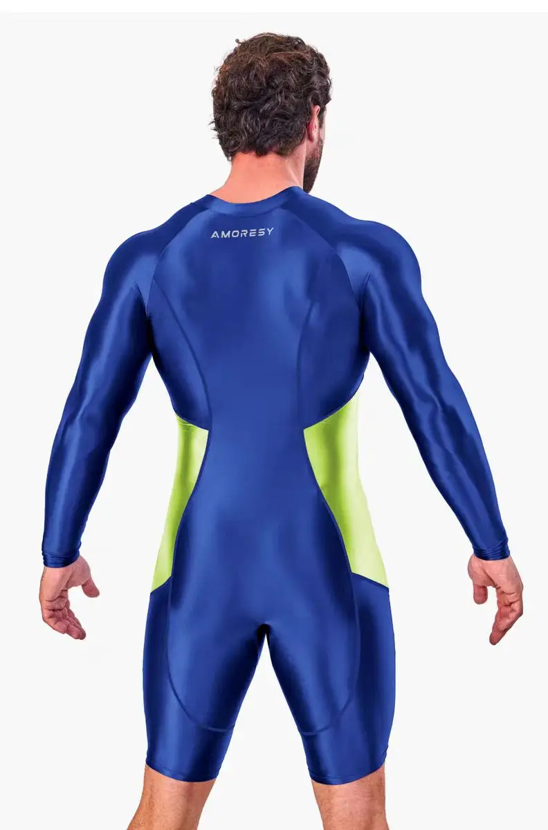 HYRAX Long sleeved tight fitting men's sportswear with front zipper and five part jumpsuit for gymnastics swimming