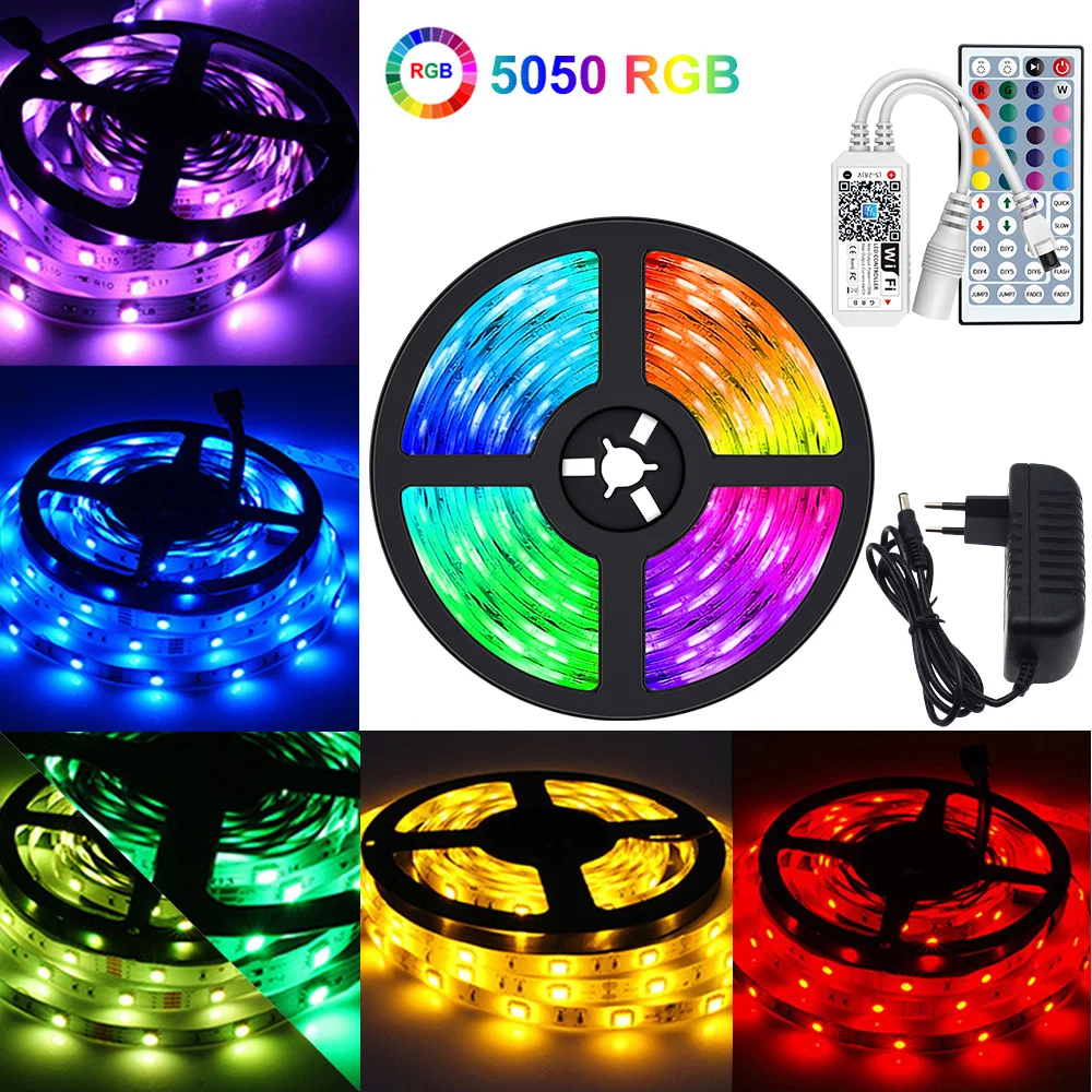

Светодиодная лента RGB 5050 с Wi-Fi управлением, гибкая лампа с диодами, 12 В постоянного тока, с дистанционным управлением, для украшения дома, 5 м, ...