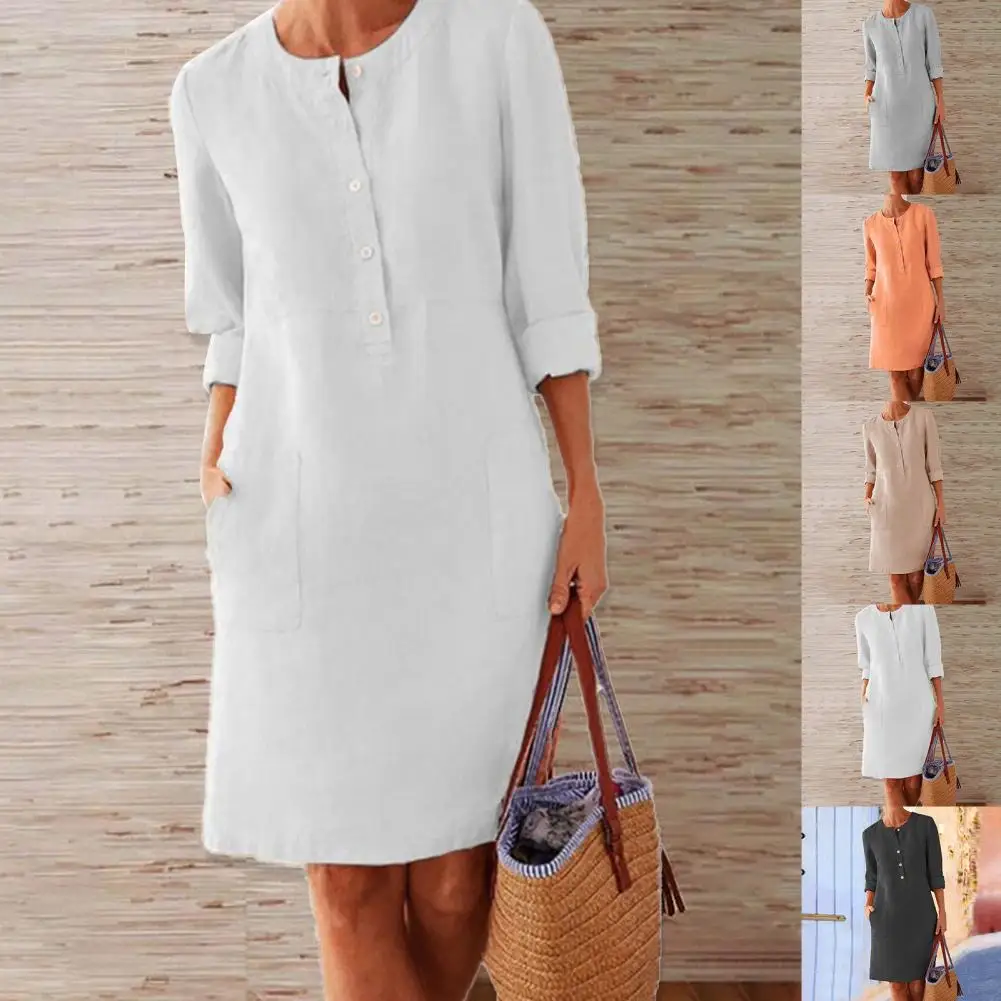 

Casual Office Lady Dress O Neck Breathable Summer Solid Color Round Neck Dress