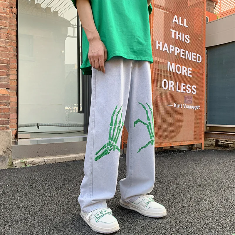 Y2K Mens Printed Jeans Pants Hight Street Hip Hop Women Baggy Wide Leg Pants Oversize Stylish Trousers Korean Fashion Streetwear