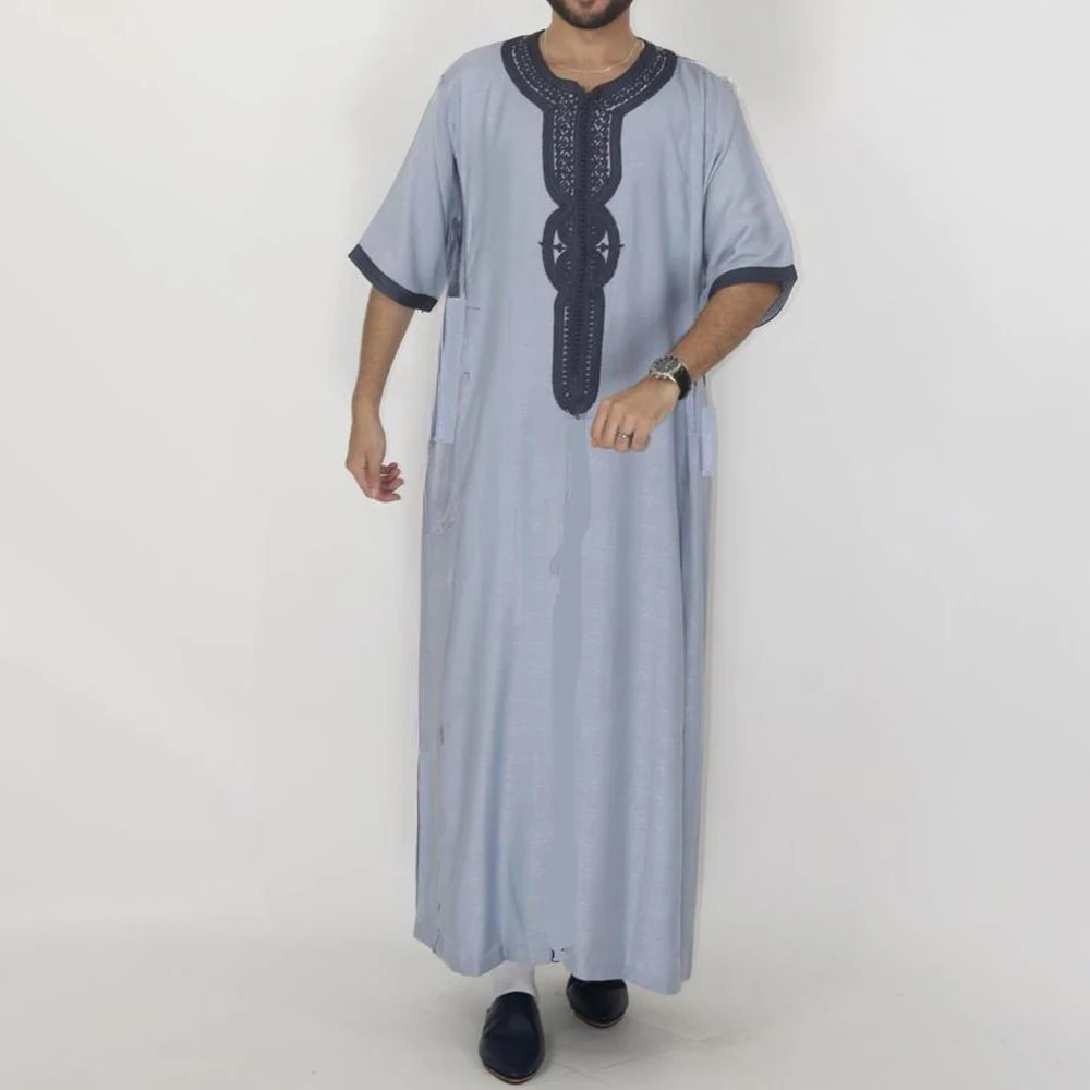 Arab Men's Robe Islam Muslim Eid Mubarak Kaftan Kameez Thobe Prayer Shirt For Men Embroidered Clothing Men's Robe Qamis Man