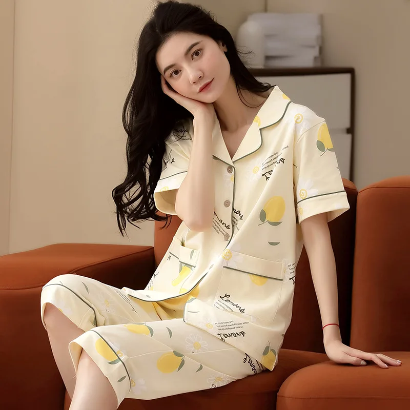 2023 New Summer Pajamas for Women Pure Cotton Korean Style Cartoon Cute Short-sleeved Shorts Home Service Suit Casual Sleepwear