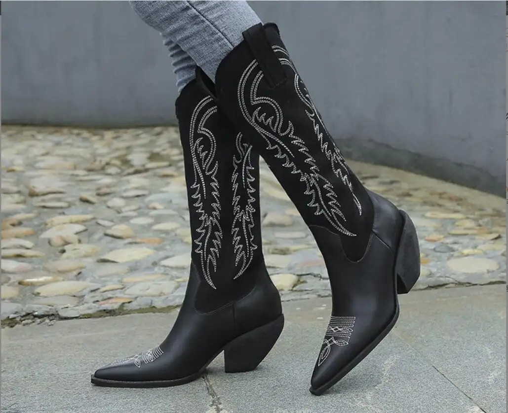 Fashion Embossed Microfiber Leather Women Boots Pointed Toe Western Cowboy Boots Women Knee-High Boots Chunky Thick heel boots