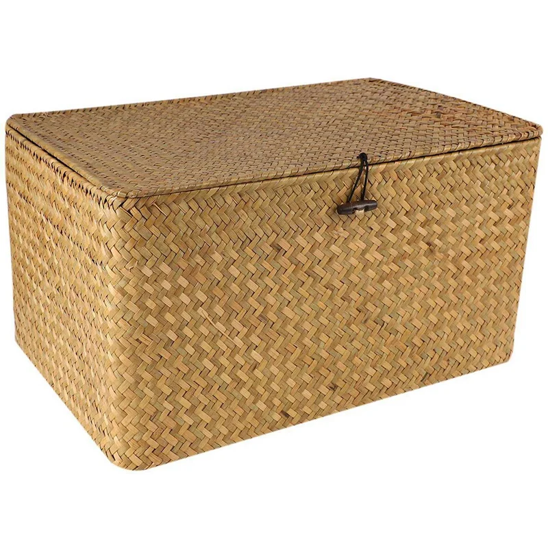 

3X Handmade Straw Woven Storage Basket With Lid Makeup Organizer Storage Seagrass Laundry Baskets Rattan Jewelry Box(L)