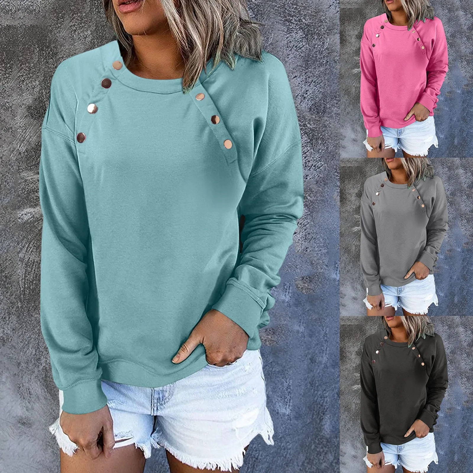 

Womens Autumn Metal Button Solid Color Round Neck Casual Yoga Pullover Women Fleece Wool Pullover Ladies Long Sleeve T Shirts
