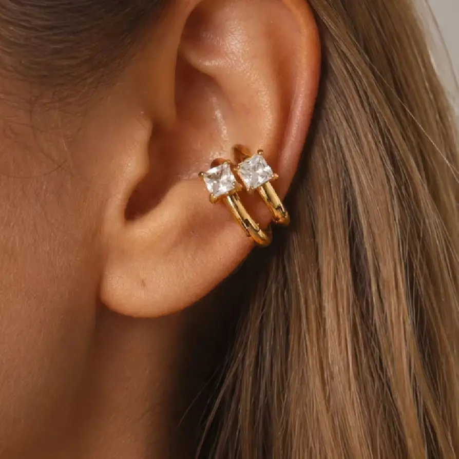 Фото Серьги-клипсы PuRui Elegant из нержавеющей стали с 18-каратным золотым покрытием для женщин, простые, с кубическим цирконием, С-образной формы, без прокола. №2