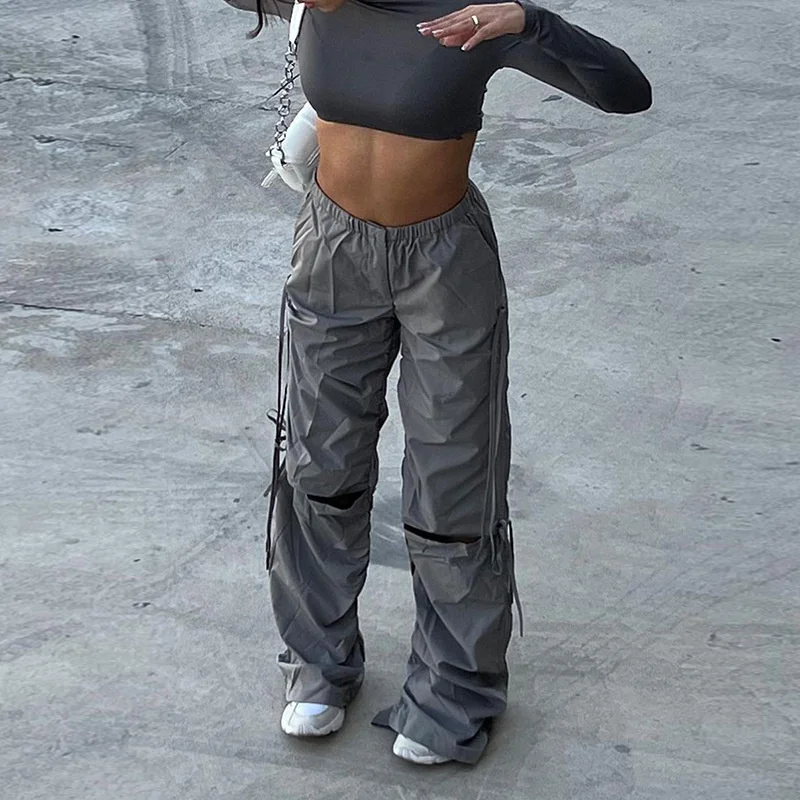 

Y2K Hight Waist Casual Cargo Pants Women Wide Leg Sweatpants Spring Black Bandage Loose Streetwear Trousers Vintage