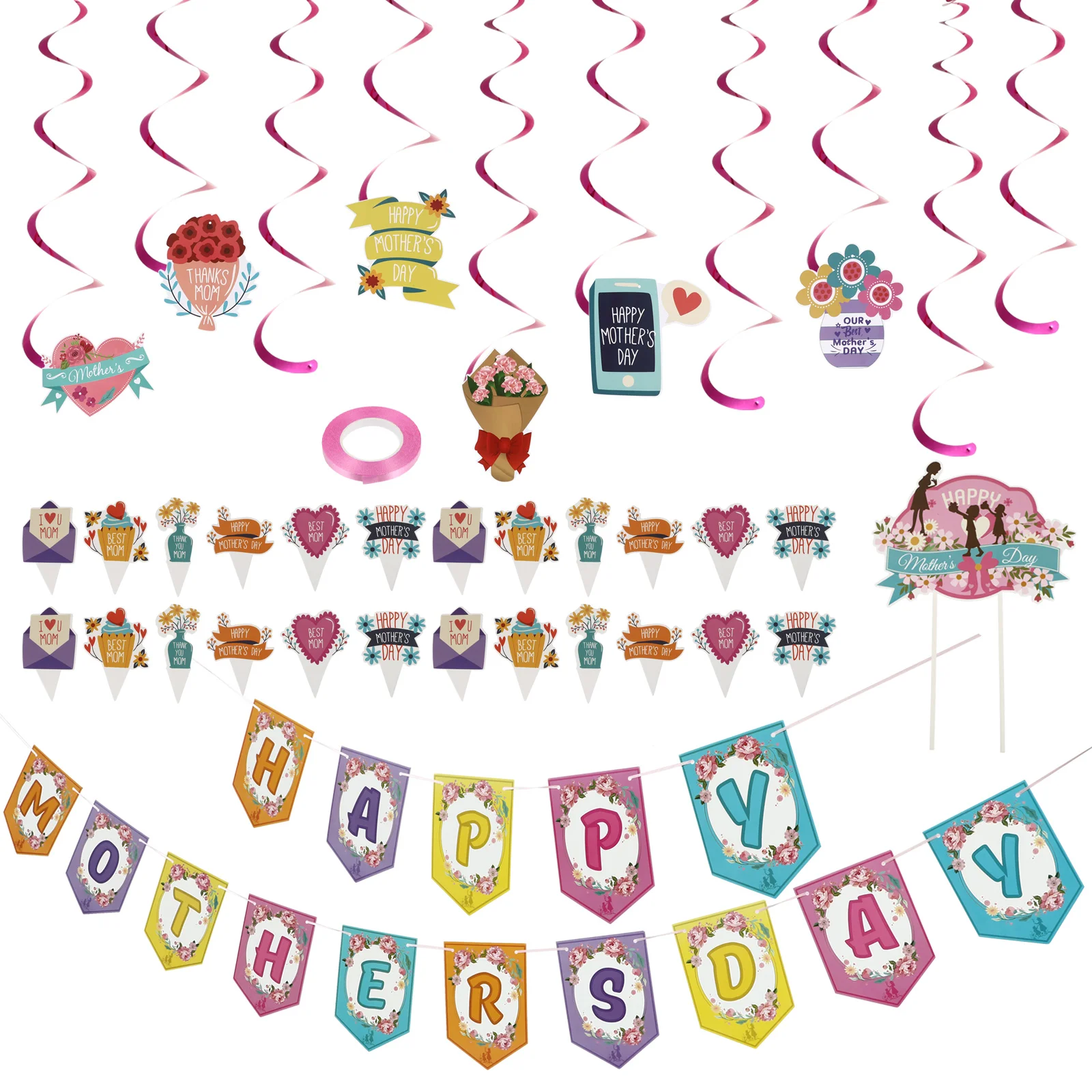 

1 Set Mother' Day Decors Party Hanging Pendants Cupcake Inserting Toppers