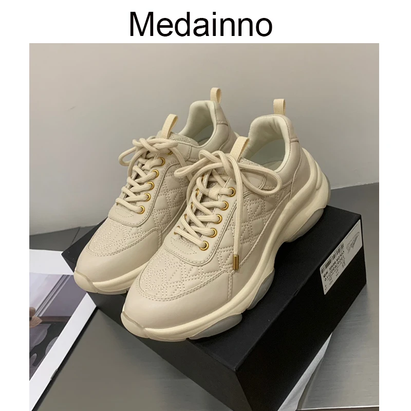 

Medainno 2023 Fashion Women New Genuine Leather Lacing Texture Shoes Casual Solid Simple Thick Versatile Sneakers Female Chic
