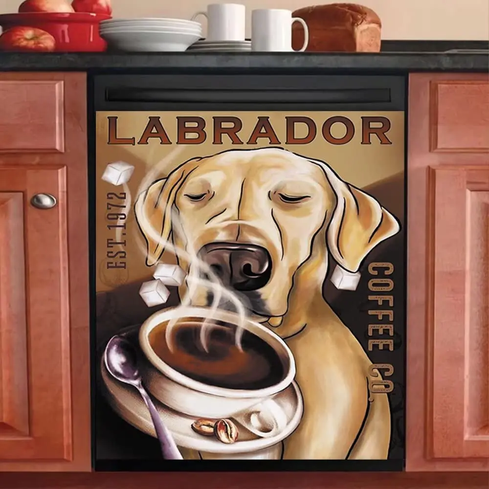

Coffee Smell Dishwasher Magnetic Door Front Cover,Labrador Fridge Magnet Dog Dish Washer Vinyl Magnetic Sheet Kitchen Decor,Coff