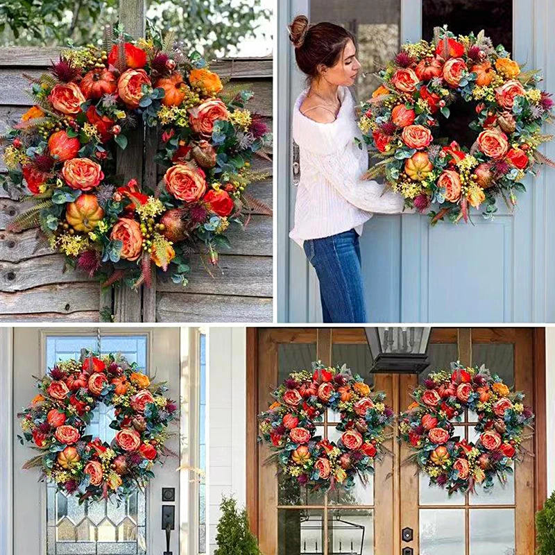 

New 40cm Fall Peony and Pumpkin Wreath for Front Door Home Farmhouse Decor Festival Celebration Thanksgiving Wreath Decor