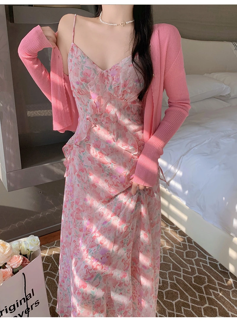 

2022 Summer New Women's Pink Chiffon Floral Suspender Midi Dress Sexy V-Neck Fashion Ruffle A-Line Skirt Elegant Ladies Clothes