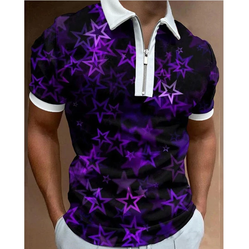 

Футболка-поло мужская с отложным воротником, Повседневная рубашка с принтом пентаграммы, короткий рукав, на молнии, уличная одежда, лето