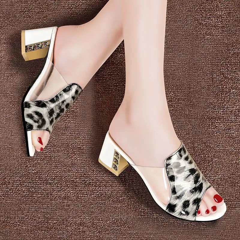 Women Leopard Print Mules Slippers Soft Leather High Heel Slippers Fashion Women Sexy Sandals Design Slides Zapatos De Mujer