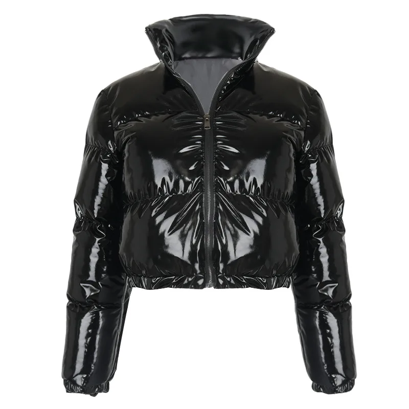 Fashionable Cute Women Bright PU Pink Down Jacket Winter Warm Bubble Jacket Shiny Leather Coat Down Zip Jacket Leather Coat