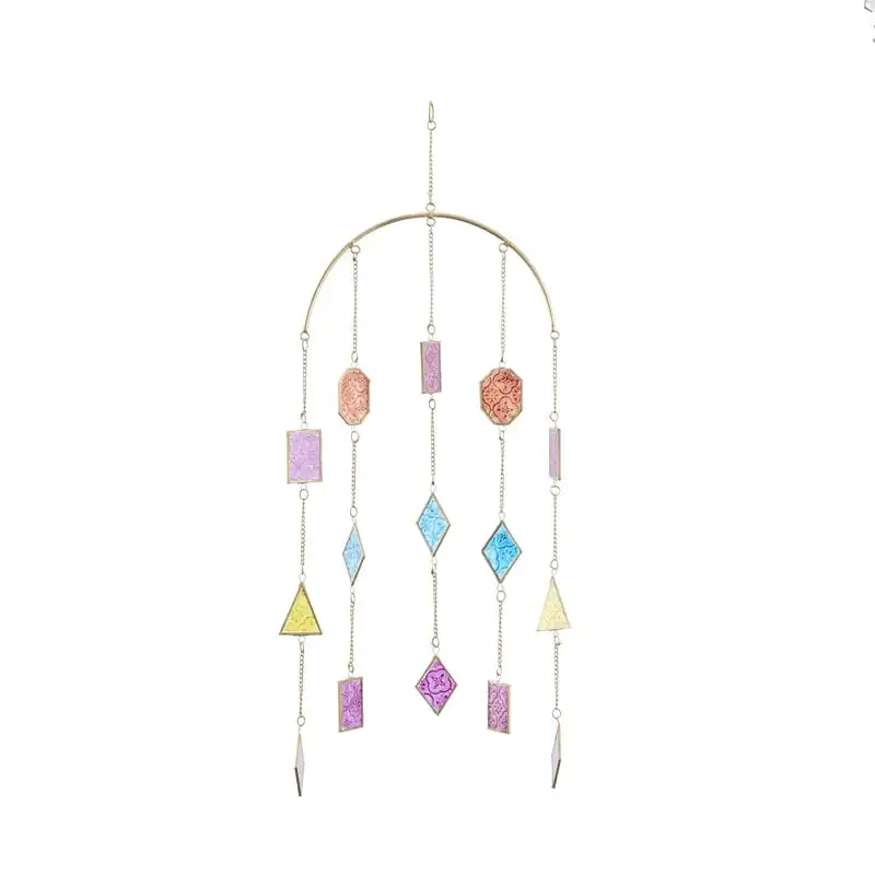 

Multi Colored Metal Indoor Outdoor Geometric Windchime with Stained Glass