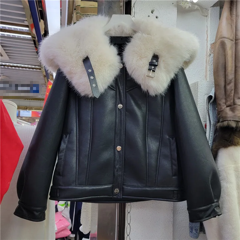 

2022 New Winter Fashion Fur Integrated PU Jacket Fox Fur Thickened Leather Coat Female Black PU Leather Jackets Outwear Feminino