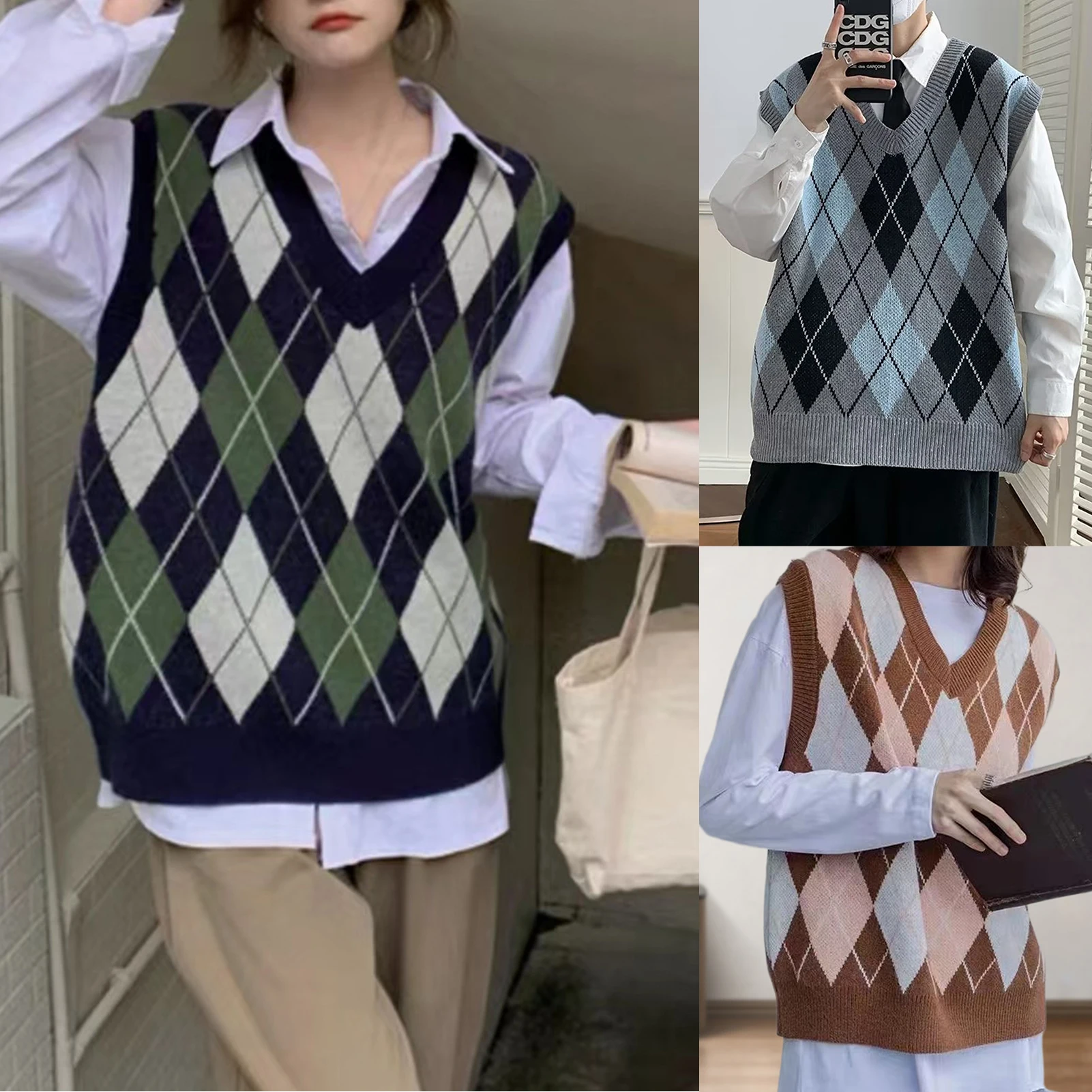 

England Vintage Sweater Vest Women V-neck Sleeveless Loose Preppy Hipster Mujer Thermal Jumpers Ladies Classic Popular Knitwear