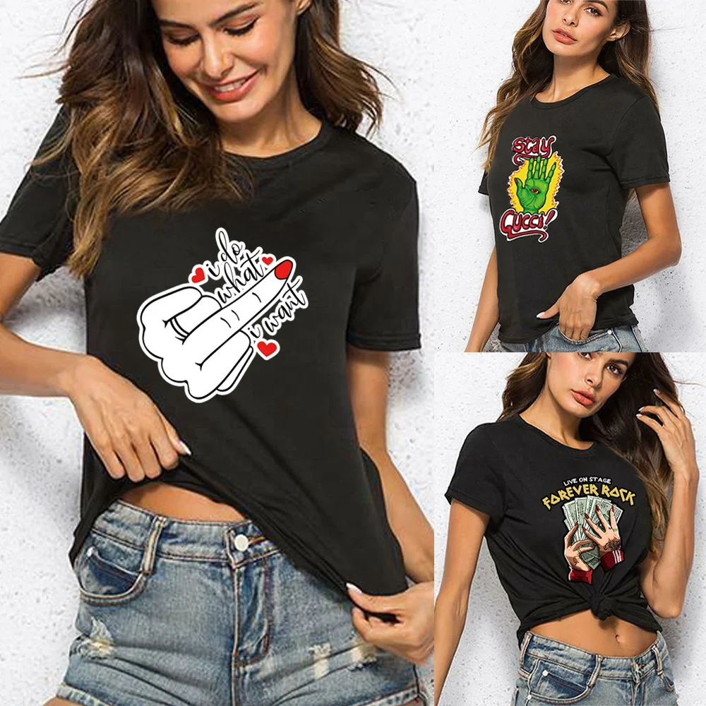 

Women Hand Print Clothes Fashion Tops Tee Tshirt O-neck Ladies Graphic T-Shirt Short Sleeve Elastic Summer Home New Tee Shirt