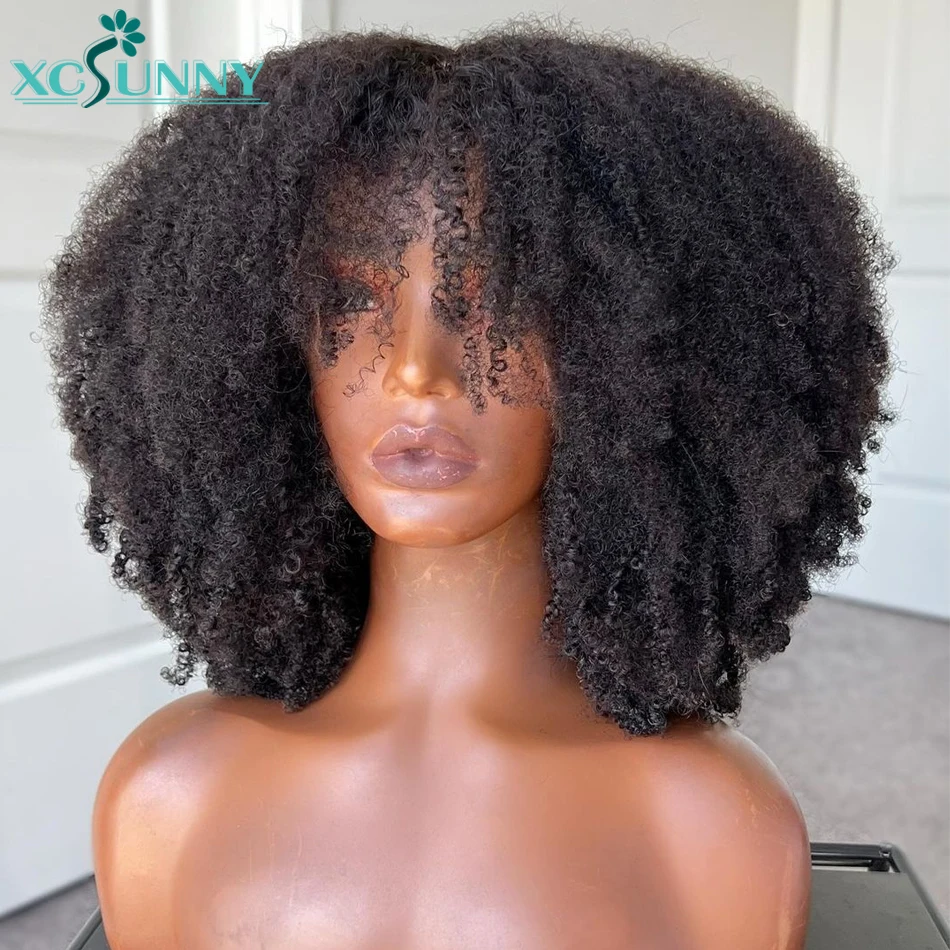 Curly Bang Wig Human Hair Kinky Curly Wig With Bangs Glueless Full Machine Made Scalp Top Wig Remy Brazilian Xcsunny