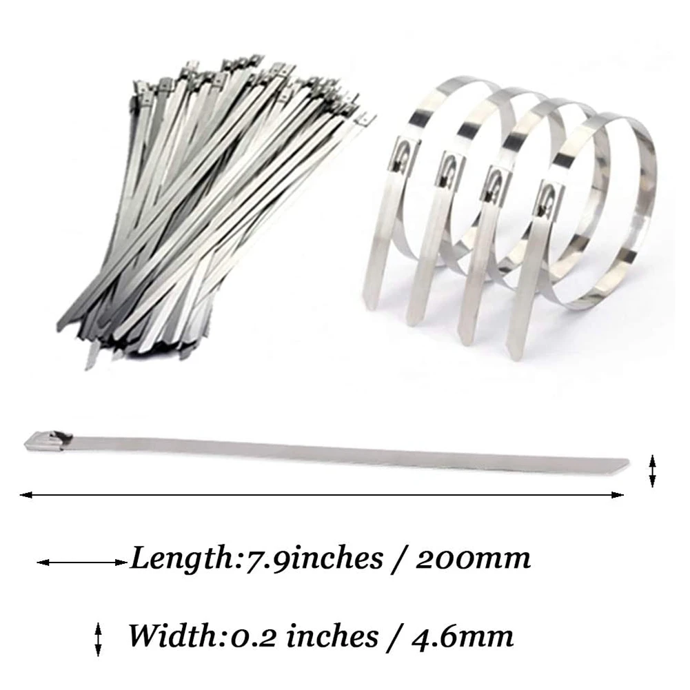 

Stainless Steel Cable Ties, 100 Pcs 7.9 Inches Heavy Duty Self-Locking Cable Zip Ties, Metal Exhaust Wrap Locking Ties