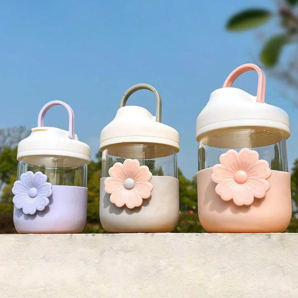 

400ml Short Chubby Water Cup With 3D Flowe Cup Cover Transparent Water Drinking Cup Juice Milk Cup With Handle Rope Drinkware