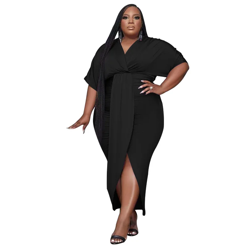 Summer Solid Color V-neck Split Plus Size Dress Fashion Temperament Half-sleeve Irregular Professional Women's Wholesale
