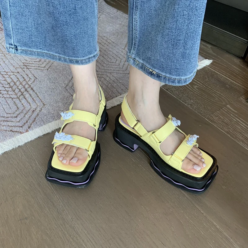 

Yellow Heels 2022 Women Designer Wedge High Heels Summer Platform Sandals Casual Velcro Ladies Shoes Green Wedges Sendale Femme