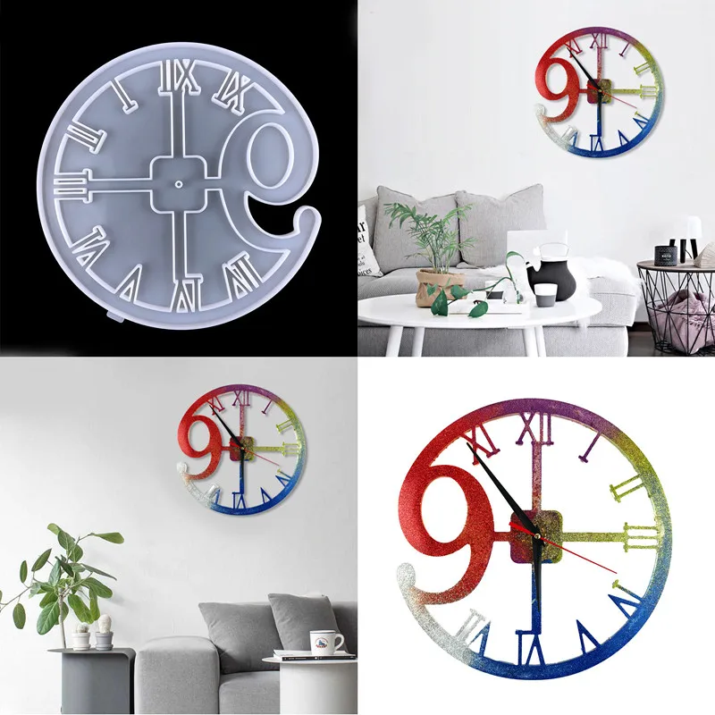 

Round Clock Wall Hanging Crystal Epoxy Resin Mold Digital Clock Living Room Wall Hanging Silicone Mould