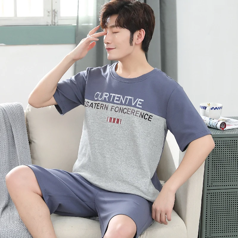 CAIYIER Summer Cotton Pajamas Set For Men Grey Soft Casual Nightwear O-Neck Male Print Leisure Sleepwear Homewear Suit M-3XL