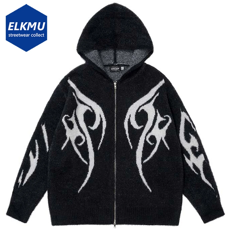 

Свитер мужской свободного покроя с капюшоном, на молнии, трикотажный кардиган, уличная одежда в стиле хип-хоп, Харадзюку, черный свитер оверсайз, Y2K, серый свитер, 2023