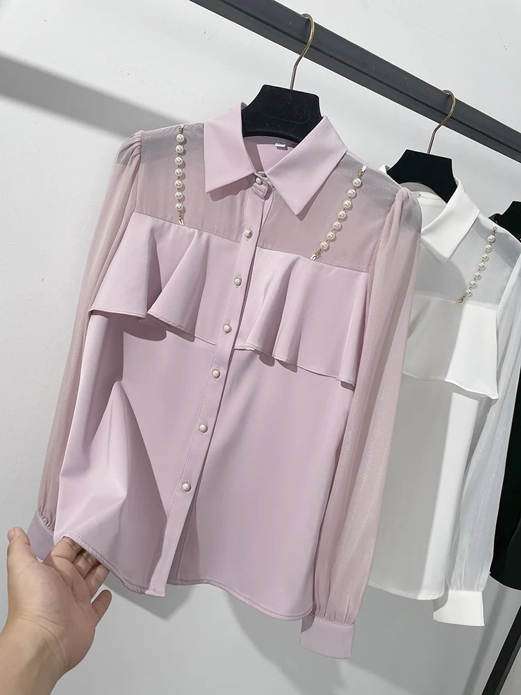 

Solid pink women shirt pearls button sexy transparent ruffled semi formal draped anti wrinkle mysterious black female blouses